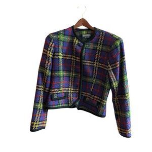 Monsoon Women's Vintage Plaid Knit Jacket Size 14 Multicolor Mid-Length